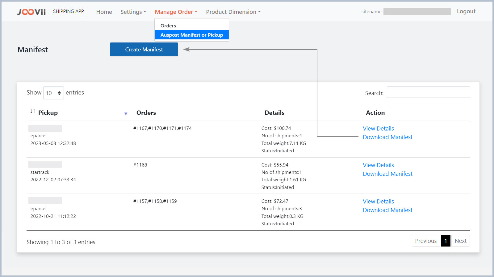 Eparcel Pickup or Manifest Joovi App
