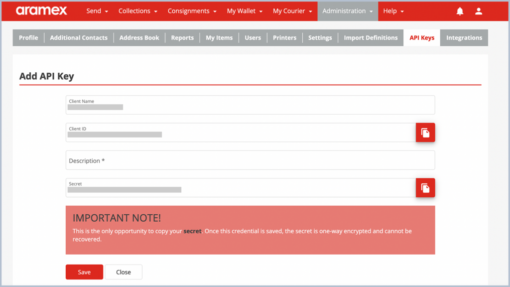 Aramax API Key for Joovii